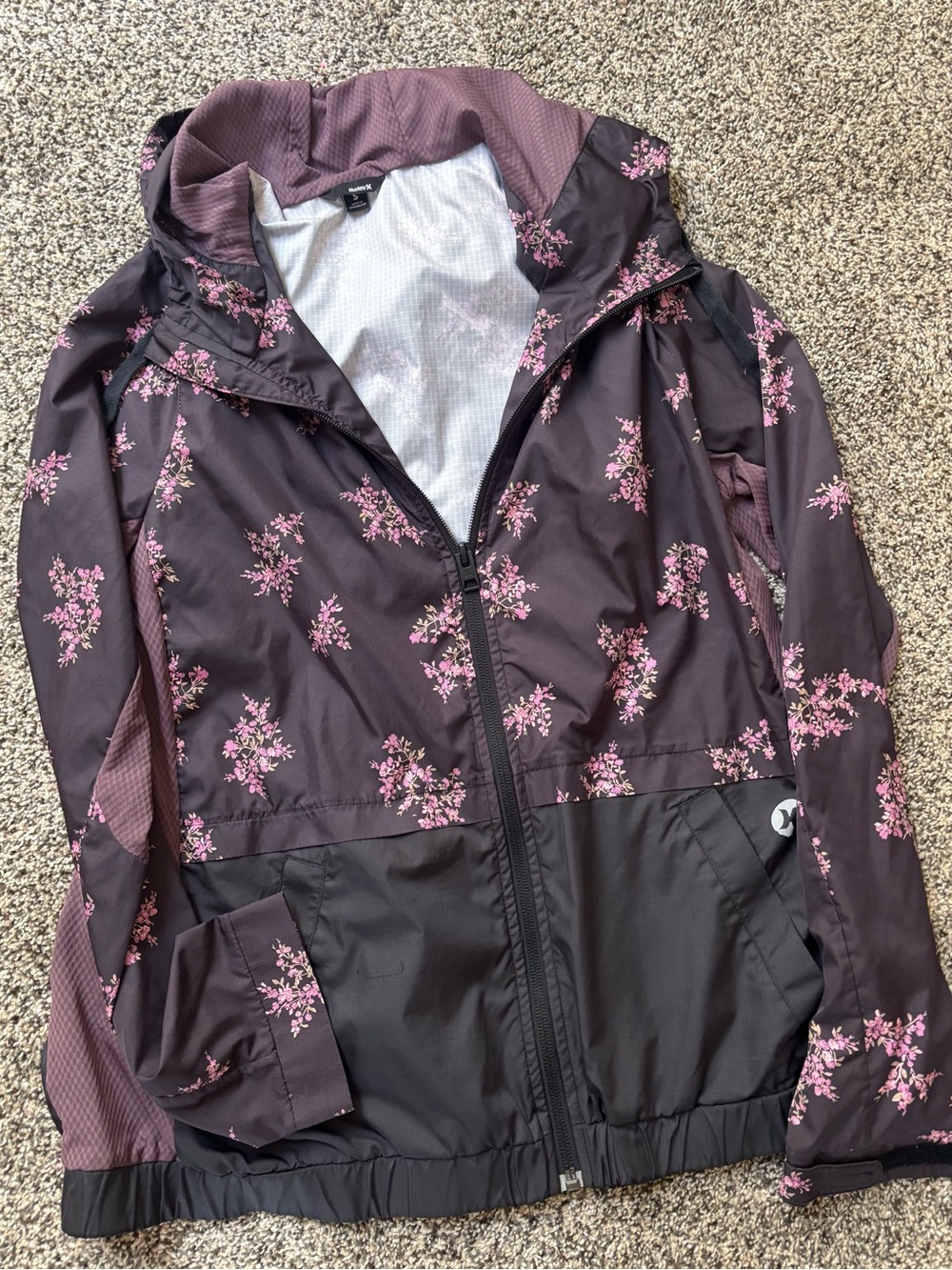 Hurley Floral Windbreaker Jacket in Plum with Pink Flowers